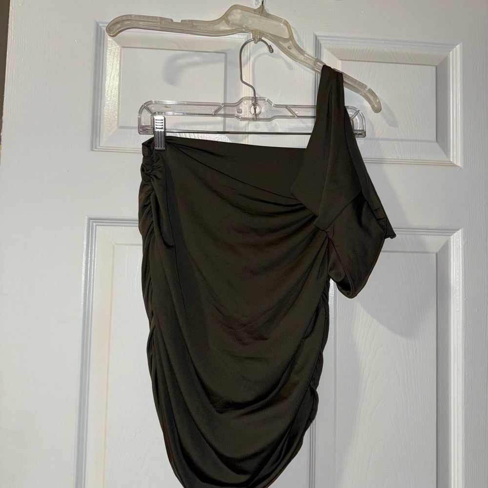 Olive Green One Shoulder Sleeveless Cutout Ruched Bodycon Mini Club Dress - XL 💚 - Picture 6 of 12